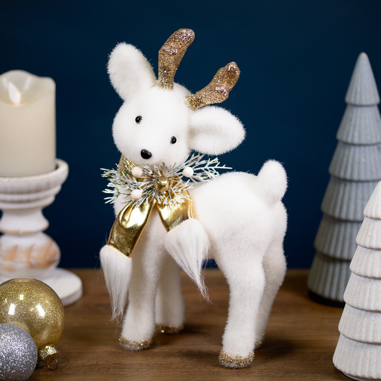 Northlight Glittered Standing Deer with Jingle Bell Christmas Figure - 12.25" - White and Gold